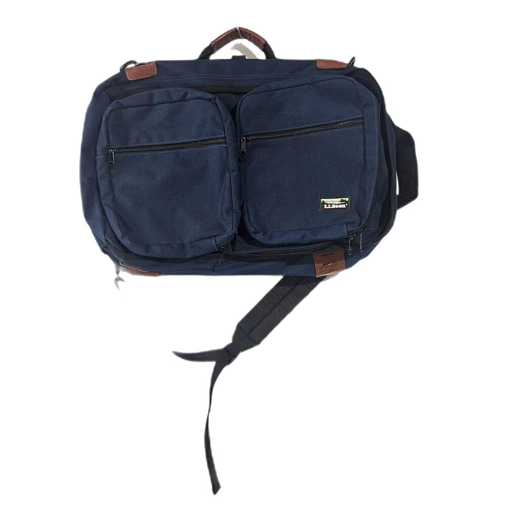 L.L. Bean XL Convertible Messenger Bag Backpack Navy Blue with Leather trim